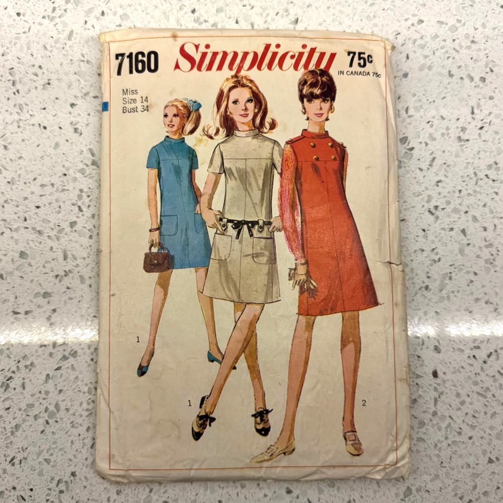 Vintage 1960s Simplicity 7160 Sewing Pattern Women Sm High Neck Mini Shift Dress